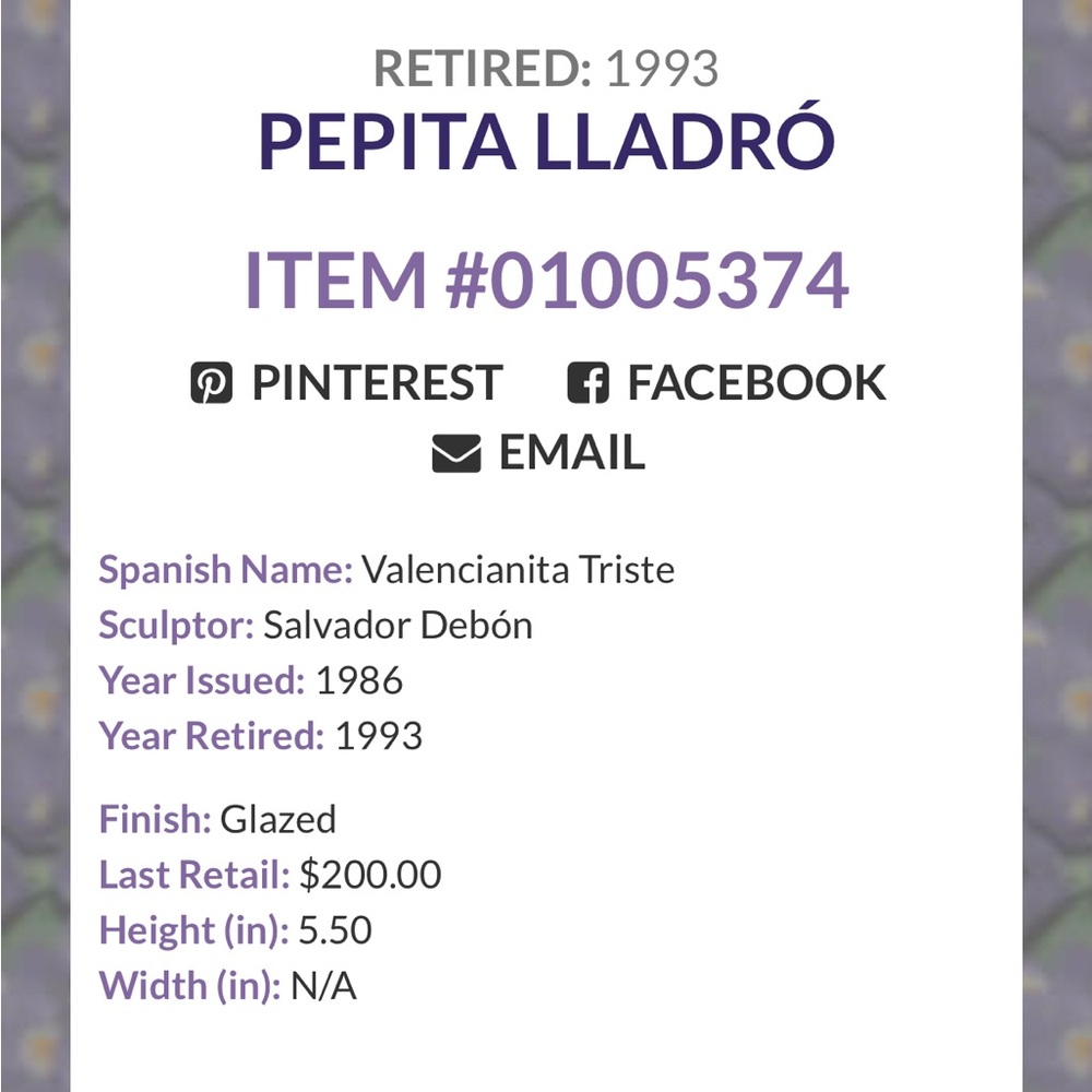 Lladro “Pepita” 5375 *rare+retired* Porcelain figurine MINT condition w/box! - Picture 9 of 9